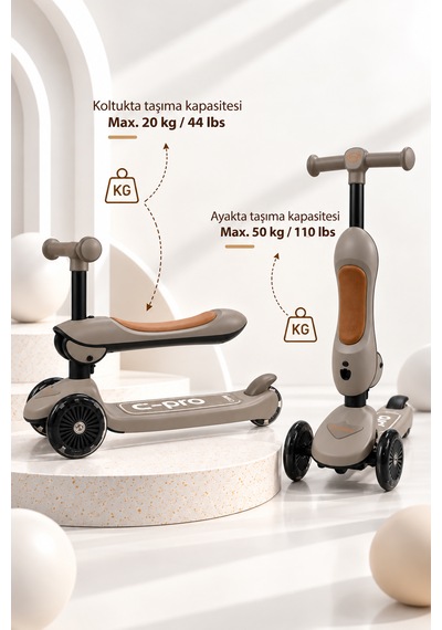 Casual C-pro 2'si 1 Arada Katlanabilir Çocuk Scooterı Kahverengi