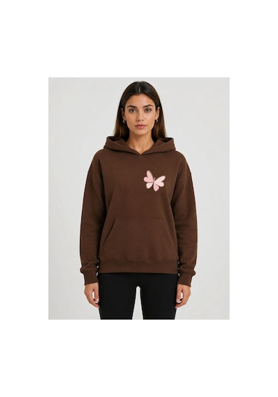 Herkesemoda Kelebek Baskılı Kapüşonlu 2 İplik Şardonlu Sweatshirt Kahverengi