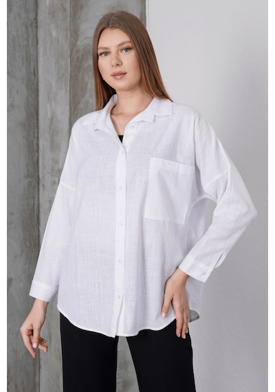 Paw Garage Kadın London Keten Tek Cepli Oversize Gömlek, Premium Kalite Keten Gömlek Beyaz