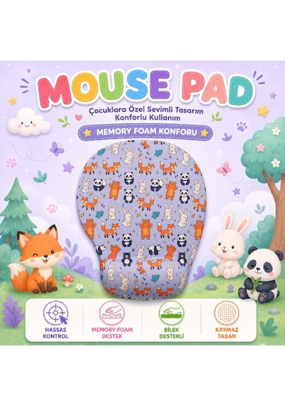 Black Flex Dijital Baskılı Çocuk Memory Foam Ergonomik Bilek Destekli Animal Temalı Mause Pad