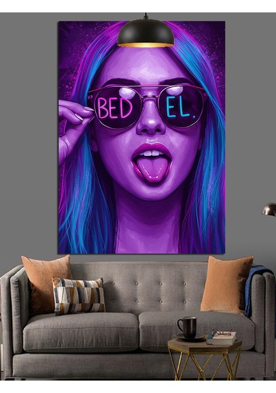 Mor Saçlı Güneş Gözlüğünde Bedel Yazan Kadın Dekoratif Kanvas - Mdf Ahşap Tablo