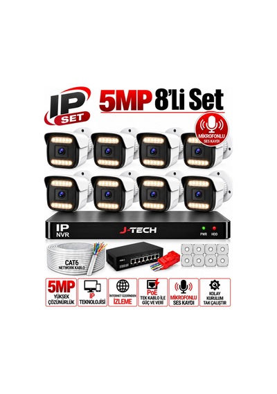 J-tech K1022 5mp Ip Sesli Renkli Gece Görüşlü 8 Li Akıllı Güvenlik Kamera Seti Yüz Ve Araç Tanıma