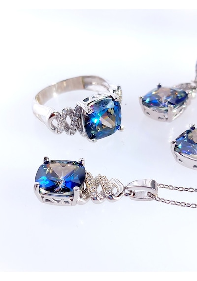 Gümüş Mavi Topaz Taşlı Kare Tasarım Kolye Küpe Yüzük Kadın Set