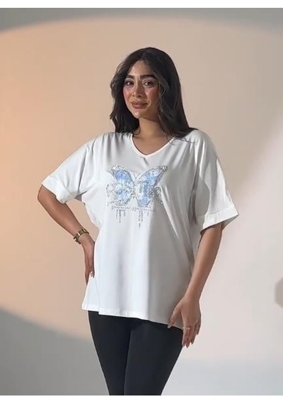 Elaxi Leopar Kelebek Desenli Bluz Beyaz