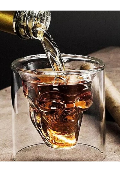 Kafatası Tasarımlı Cam Shot Bardağı Double Layer Skull Shot Glass Şeffaf Cam Şefaf