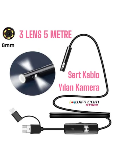 Yılan Kamera 3 Lens 5 Metre Sert Kablo