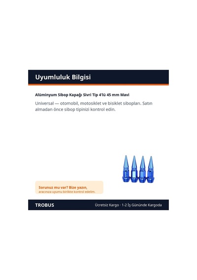Trobus Alüminyum Sibop Kapağı Sivri Tip 4'lü 45 Mm Mavi