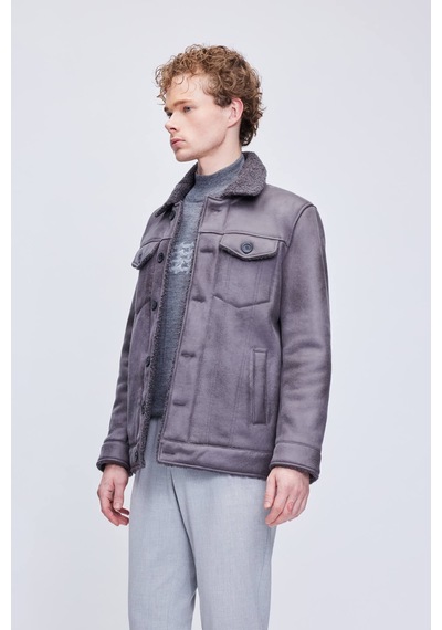 Hatemoğlu Gri Slim Fit Bebe Yaka Deri Mont