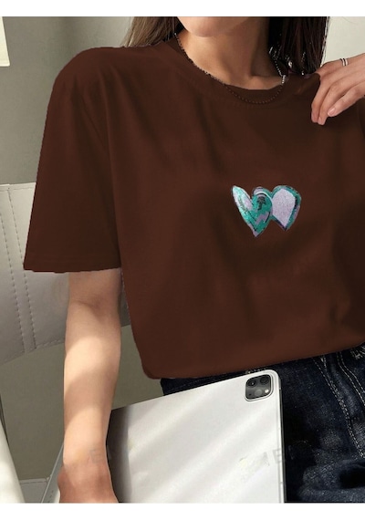 Flood Of Style Kadın Kahverengi Çift Kalp Baskılı Oversize