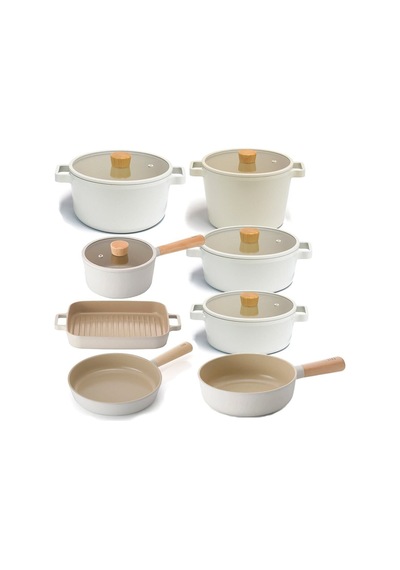 Fika Alüminyum Döküm Cam Kapaklı 13 Parça Tencere & Tava Seti 18s22k22d24k26d24t26w28g Bej13prc2