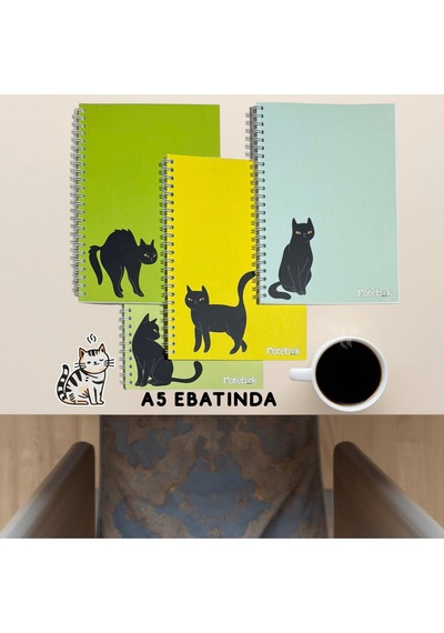 A5 Spiralli Kedi Konsept Defter 40 Yaprak 4'lü Tamamı Çizgisiz