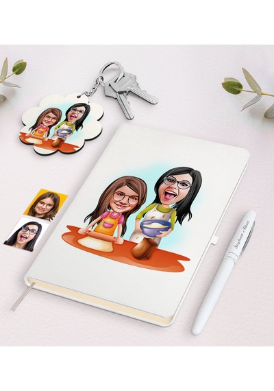 Kişiye Özel Anne Kız Karikatürlü Beyaz Defter Kalem Ve Anahtarlık N11.11704