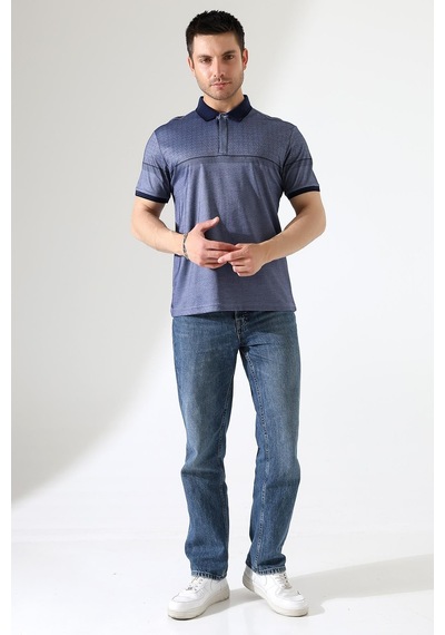 Rıbana Classıc Fermuar Detaylı Desenli Pamuklu Polo Yaka T-shirt Füme
