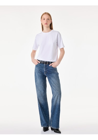 Koton Taş Detaylı Yüksek Bel Düz Paça Denim Pantolon- Straight Jeans Orta İndigo 7wal40097md Koton Taş Detaylı Yüksek Bel Düz Paça Denim Pantolon- Straight Jeans Orta İndigo 7wal40097md
