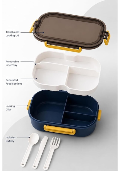 1200 Ml 2 Katlı 6 Bölmeli Bpa'sız Pp Plastik Sefer Tası Ve Beslenme Çantası - Hava Kilitli Bento Lunch Box, Çatal Ve Kaşık Dahil Mavi Çok Renkli