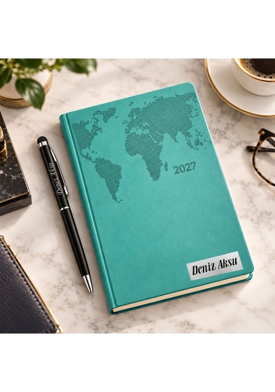 Bk Gift Kişiye Özel 378 Termo Deri Tarihli Ajanda & Siyah Touch Pen Tükenmez Kalem-17 Turkuaz