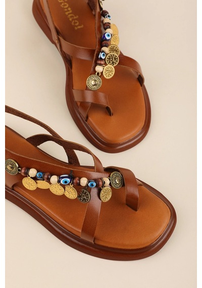 Gondol Hakiki Deri Vaketa Parmak Arası Süslü Sandalet Crm.305 Taba