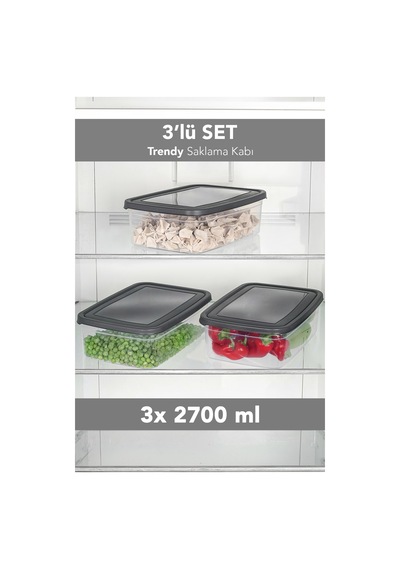 3'lü Trendy Buzdolabı Düzenleyici - Mikrodalga Ve Difrize Uygun Organizer Saklama Difriz Kabı 2700ml Gri