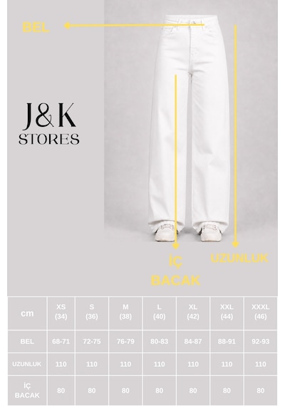 J&kstores Kadın Yüksek Bel Bol Paça Jean Kot Palazzo Pantolon Beyaz