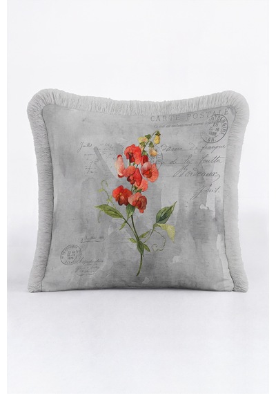 Vintage Çiçek Botanik Saçaklı Yastık Kılıfı - Nostaljik Floral Gri Krem Püsküllü Kırlent Kılıfı Gri