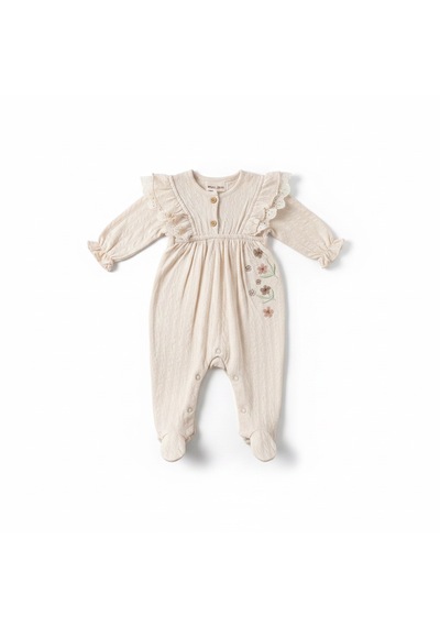 Annababba %100 Pamuk Kız Bebek Çıtçıtlı Tulum - Bej