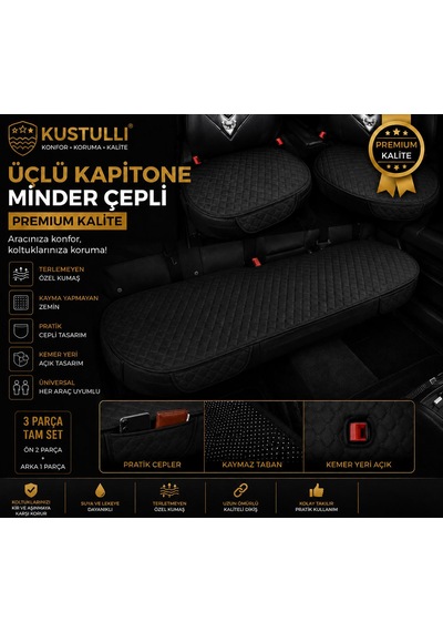 3'lü Kapitone Terletmeyen Oto Koltuk Minder Cepli Model Siyah 1
