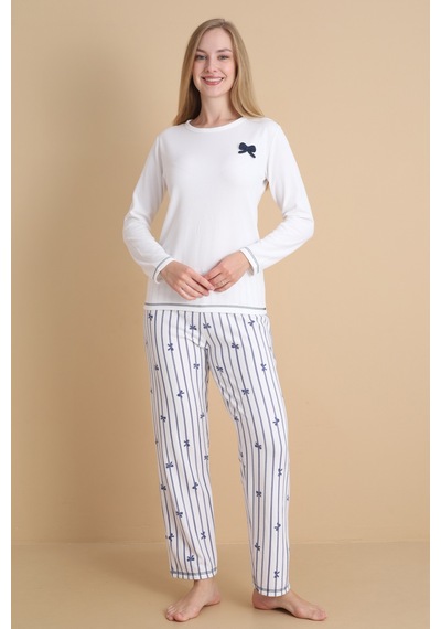 Wordex Mırano 3101 Waffle Soft Kumaş Fiyonk Desenli Kışlık Ev Kadın Pijama Takımı Ekru