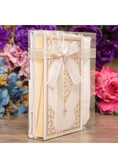Hediyelik Kuran-ı Kerim, İnci Tesbih, Seccade, Asetat Kutulu 25x18 Cm Mevlid Paketi-krem