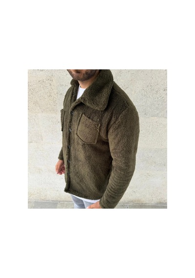 Butik İstanbul Erkek Pelüş Polar Hırka Gömlek Yakalı, İlik Düğmeli, Göğüs Cepli, Yumuşak Dokulu Kışlık Regular Fit Rahat Günlük Model - Haki