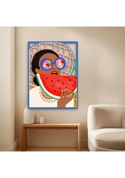 Karpuz Yiyen Gözlüklü Kadın - Metal Tablo - Dec0339 48 X 65 Cm Çok Renkli