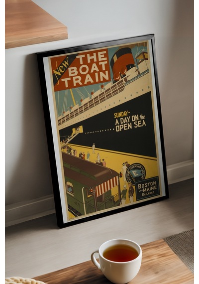 Boat Train Siyah Ahşap Çerçeveli Poster, Dekoratif Seyahat Duvar Tablosu