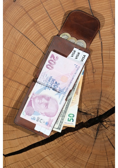 Lenax Leather Mono Klips Hakiki Deri Erkek Cüzdan Nakit Para Klipsli, Mıknatıslı Kapak, Bozuk Para Cepli Taba