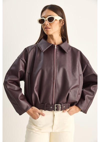 Oversize Tokalı Deri Ceket 3137 60284058 - Bordo