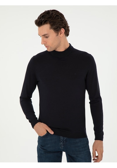 Cacharel Lacivert Slim Fit Kaşmir İpek Karışımlı Çeyrek Balıkçı Yaka Triko Kazak
