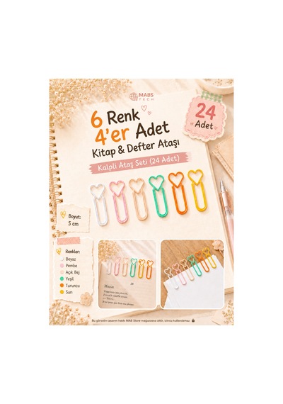 Kalp Şekilli Renkli Ataş Seti 24 Lü Kitap Ayracı Ve Defter Klipsi 5 Cm 3d Baskı 6 Renk 4'er Adet