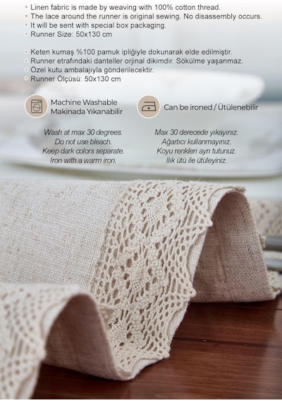 Evlen Home %100 Keten Pamuk Dantelli Runner 50x130 Cm Linen Kumaş Masa Örtüsü Sehpa Leke Tutmaz Mutfak Bej