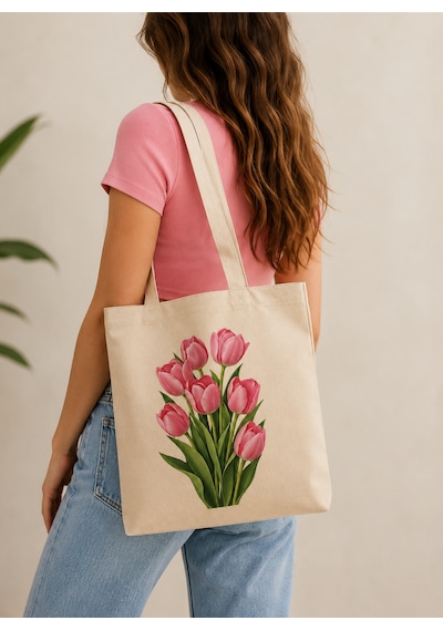 Lunora Collection Pembe Lale Baskılı Körüklü Kanvas Bez Çanta Ham Renk
