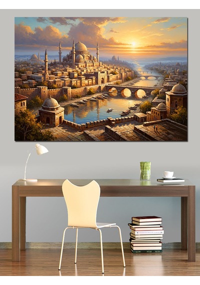 Gün Batımında Antik Şehir Ve Nehir Dekoratif Kanvas - Mdf Ahşap Tablo