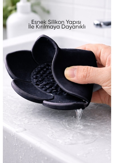 Lotus Desenli Sabun Ve Sünger Tutacağı Silikon Siyah Su Giderli Lotus Şekilli Şık Katı Sabunluk Diğer
