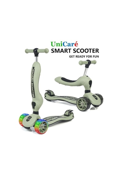 Smart Oturaklı Çocuk Scooter 3 Tekerlekli Işıklı Ledli Scooter Yükseklik Ayarlı 1-5 Yaş Gri