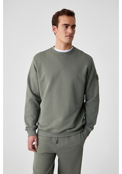 Grimelange OLLIE Erkek Bisiklet Yaka Regular Uzun Kollu Nakış Detaylı Haki Sweatshirt