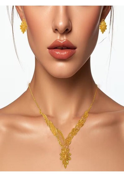 24k Altın Kaplama Çiçekli Etnik Kolye Ve Küpe Takı Seti Altın