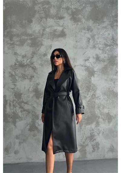 Dip Moda Neşeli Butik Kadın Marilyn Siyah Suni Deri Trençkot Nbmylk21