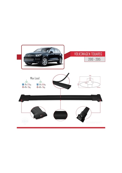Volkswagen Touareg 2010-2015 Arası İle Uyumlu Fly Model Ara Atkı Tavan Barı Siyah 3 Adet Bar