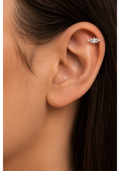 Sertifikalı 316l Çelik Markiz Ve Yuvarlak Taşlı Simetrik Premium Gümüş Renk Helix Piercing