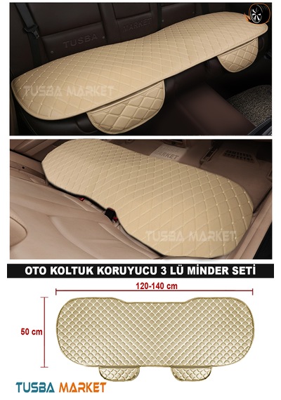 Araç Oto Koltuk Koruyucu Cepli Üçlü Minder Seti I Lüks Kapitone Deri Ön-arka Bej Oto Koltuk Minder
