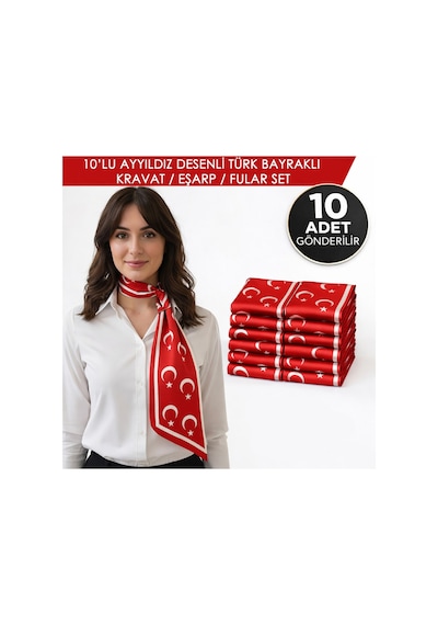 Tarzını Seç 10 Lu Ayyıldız Desenli Türk Bayraklı Kravat / Eşarp / Fular Set Ayyıldız10