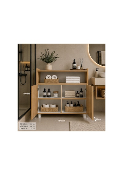Raflı Kapaklı Ahşap Banyo Dolabı Bej