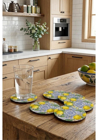 Sicilya Serisi Limon Desenli Bardak Altlığı 6 Lı Set Uv Baskı Mdf Çok Renkli