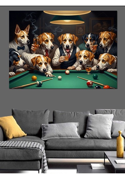 Ahşap Tablo Bilardo Oynayan Sevimli Köpekler Grubu